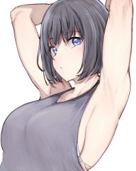 Rule 34 | 1girl, alp, armpits, arms behind head, arms up, black hair, blue eyes, blush, bob cut, bra, bra peek, breasts, closed mouth, grey tank top, highres, large breasts, looking at viewer, original, short hair, sideboob, simple background, sleeveless, solo, tank top, underwear, upper body, white background, white bra