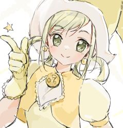Rule 34 | 1girl, asuka momoko, blonde hair, closed mouth, earrings, gloves, green eyes, hat, highres, jewelry, looking at viewer, lumeru 33, ojamajo doremi, simple background, sketch, smile, solo, upper body, white background, yellow gloves