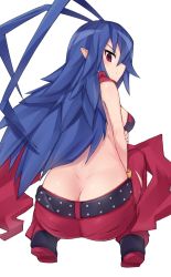 Rule 34 | 1girl, antenna hair, arm grab, ass, bad id, bad pixiv id, belt, bikini, bikini top only, black belt, black bikini, black footwear, blue hair, butt crack, closed mouth, commentary, dimples of venus, disgaea, disgaea d2, frown, full body, genderswap, genderswap (mtf), highres, laharl, laharl-chan, long hair, looking at viewer, looking back, pants, pantylines, pointy ears, red eyes, red pants, shoes, simple background, solo, squatting, swimsuit, v-shaped eyebrows, white background, yoi naosuke