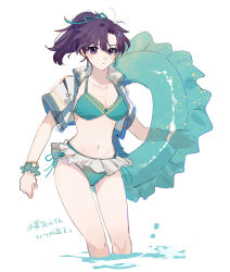 Rule 34 | 1girl, alternate costume, bikini, blush, bracelet, breasts, cleavage, collarbone, commentary, cropped jacket, fir (fire emblem), fire emblem, fire emblem: the binding blade, hair ribbon, highres, holding, holding swim ring, innertube, jacket, jewelry, looking at viewer, medium breasts, mogana zo, navel, nintendo, open clothes, open jacket, ponytail, purple eyes, purple hair, ribbon, solo, swim ring, swimsuit, symbol-only commentary, thighs, white background