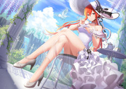 Rule 34 | 1girl, absurdres, anklet, azur lane, bare shoulders, bird, black bow, bonnet, bow, breasts, cocktail dress, column, cup, dress, frilled dress, frills, full body, hair between eyes, hat, high heels, highres, holding, holding cup, jewelry, large breasts, long dress, long hair, magica, monarch (azur lane), monarch (white warrick) (azur lane), outdoors, pillar, red hair, round table, see-through, sleeveless, sleeveless dress, solo, sun hat, table, white bird, white dress, white footwear, white hat, yellow eyes