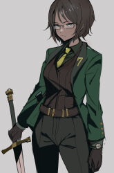 Rule 34 | 1girl, belt, black gloves, black pants, brown belt, brown eyes, brown hair, brown vest, chuhaibane, closed mouth, collared shirt, cowboy shot, glasses, gloves, green jacket, green shirt, highres, holding, holding sword, holding weapon, jacket, limbus company, long sleeves, looking at viewer, neckerchief, outis (project moon), pants, project moon, shirt, short hair, simple background, solo, sword, vest, weapon, white background, yellow neckerchief
