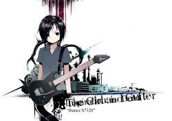 Rule 34 | 1girl, b.k., blood, buckle, cowboy shot, expressionless, guitar, hair over one eye, ichikura (bk), instrument, looking at viewer, original, over shoulder, pants, shirt, short sleeves, simple background, solo, standing, t-shirt, white background
