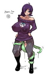 Rule 34 | 1girl, absurdres, ass, blue eyes, blush, breasts, cum, highres, kanden-ki, parasite, purple hair, shoes, smile, tentacle sex, tentacles, torn clothes, vaginal, zone-tan
