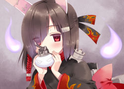 Rule 34 | 1girl, animal ears, azur lane, black hair, carrying, commentary request, fake animal ears, hair ornament, hair over one eye, hairpin, hitodama, looking at viewer, ootani mikoto, red eyes, shiranui (azur lane), short hair, simple background, solo