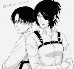 Rule 34 | 1boy, 1girl, absurdres, bags under eyes, breasts, collared shirt, commentary request, crossed arms, eyepatch, frown, glasses, greyscale, hange zoe, highres, levi (shingeki no kyojin), monochrome, shingeki no kyojin, shirt, short ponytail, sirius 0905hz, small breasts, twitter username