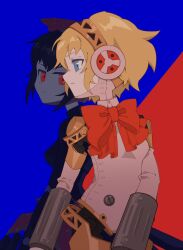 Rule 34 | 2girls, aegis (persona), android, black hair, blonde hair, blue background, blue eyes, bow, bowtie, closed mouth, commentary, cowboy shot, expressionless, from side, frown, highres, joints, looking at another, metis (persona), multiple girls, persona, persona 3, red background, red bow, red eyes, ringed eyes, robot joints, short hair, siblings, simple background, sisters, sumi (sumi3mimi), two-tone background