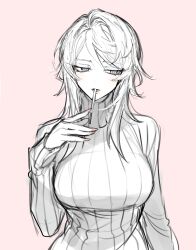 Rule 34 | 1girl, blue eyes, blush, breasts, faust (project moon), food, highres, large breasts, limbus company, long hair, long sleeves, looking to the side, mouth hold, open mouth, pink background, pink nails, pocky, project moon, remsrar, ribbed sweater, solo, sweater, turtleneck, turtleneck sweater, upper body, white sweater