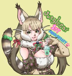 Rule 34 | 1girl, animal ears, anniversary, bare shoulders, belt, camouflage, cat ears, cat girl, cat tail, elbow gloves, extra ears, fingerless gloves, gloves, green background, green eyes, grey hair, highres, jungle cat (kemono friends), kemono friends, kemono friends v project, long hair, looking at viewer, microphone, ribbon, shirt, simple background, skirt, solo, tail, taku san39, twintails, virtual youtuber
