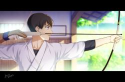Rule 34 | 1boy, archery, arrow (projectile), blurry, blurry background, bow (weapon), brown gloves, brown hair, collarbone, commentary request, dated, drawing bow, from side, gloves, holding, holding bow (weapon), holding weapon, japanese clothes, kimono, kouno kb, kyuudou, letterboxed, male focus, meitantei conan, parted lips, partially fingerless gloves, partly fingerless gloves, profile, purple eyes, scotch (meitantei conan), short hair, signature, single glove, solo, upper body, weapon, white kimono, wooden wall, yugake