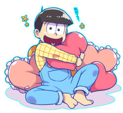 Rule 34 | 10s, 1boy, brown eyes, brown hair, frilled pillow, frills, heart, heart-shaped pillow, heart in mouth, hugging object, male focus, matsuno jyushimatsu, open mouth, osomatsu-kun, osomatsu-san, osomatsu (series), overalls, pillow, pillow hug, sitting, smile, solo, sousui hani, translation request