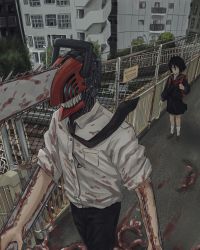 Rule 34 | 1boy, 1girl, alternate form, artist name, backpack, bag, belt, black dress, black hair, black skirt, blood, blood splatter, blood on clothes, bloody weapon, building, chainsaw, chainsaw man, collared shirt, denji (chainsaw man), dress, fang, fangs, fence, guro, highres, long sleeves, looking at another, nayuta (chainsaw man), necktie, pachiccc, pocket, railroad tracks, sailor collar, school uniform, sharp teeth, shirt, shirt pocket, short hair, skirt, sleeves past elbows, sleeves rolled up, stairs, teeth, tree, unusual pupils, walking, watermark, weapon, white shirt, window, yellow eyes