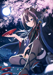 Rule 34 | 1girl, black hair, blue eyes, cherry blossoms, cup, full moon, gourd, highres, japanese clothes, linkauter chronicle xceed, looking at viewer, moon, night, official art, petals, sakazuki, solo, sword, thighhighs, warabimochi kinako, weapon