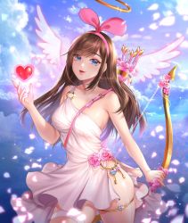 Rule 34 | 1girl, alternate costume, arrow (projectile), bare shoulders, between breasts, blue eyes, blue sky, bow (weapon), breasts, brown hair, cloud, commentary, commission, cowboy shot, cupid, dress, english commentary, flower, hairband, hand up, heart, highres, key, kizuna ai, kizuna ai inc., long hair, looking at viewer, medium breasts, o-ring, parted lips, petals, pink hairband, potetos7, quiver, side slit, single-shoulder dress, single strap, sky, smile, solo, strap between breasts, thighlet, virtual youtuber, weapon, white dress, wings