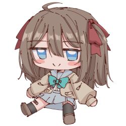 Rule 34 | 1girl, ahoge, asymmetrical legwear, badge, bandaid, bandaid on knee, bandaid on leg, black thighhighs, blue eyes, blush, bow, bowtie, brown cardigan, brown footwear, brown hair, button badge, cardigan, chinese commentary, commentary, english commentary, fumo (doll), green bow, green bowtie, grey sailor collar, grey skirt, hair between eyes, hair bow, indie virtual youtuber, long hair, long sleeves, looking at viewer, mixed-language commentary, neuro-sama, puffy long sleeves, puffy sleeves, red bow, rune (dualhart), sailor collar, school uniform, serafuku, single sock, single thighhigh, skirt, smile, socks, split mouth, thighhighs, transparent background, two side up, uneven legwear, virtual youtuber, white serafuku