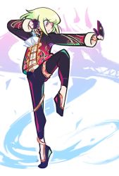 Rule 34 | ascot, black gloves, chinese clothes, dragon, fighting stance, gloves, green hair, half gloves, highres, lio fotia, long hair, magurotabetai1, male focus, pants, promare, purple eyes, short hair, solo