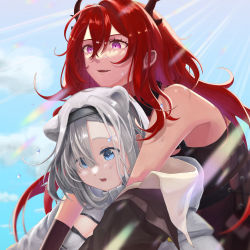 Rule 34 | 2girls, :d, arknights, aurora (arknights), bare shoulders, black dress, black hairband, blue eyes, blue sky, cleavage cutout, clothing cutout, cloud, commentary request, day, dress, grey hair, hair between eyes, hairband, highres, hinaneko, horns, jacket, long hair, multiple girls, open mouth, outdoors, purple eyes, red hair, sky, sleeveless, sleeveless dress, smile, surtr (arknights), upper body, very long hair, white jacket