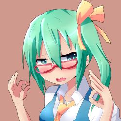 Rule 34 | 1girl, ascot, bespectacled, blush, daiyousei, double ok sign, female focus, glasses, green eyes, green hair, hair ribbon, kuromu (underporno), matching hair/eyes, ok sign, open mouth, ribbon, short hair, side ponytail, solo, touhou, upper body