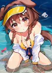 Rule 34 | 1girl, :o, animal ears, bare shoulders, barefoot, beach, bikini, blush, bone hair ornament, braid, breasts, brown eyes, brown hair, cartoon bone, cleavage, dog ears, dog girl, dog tail, foreshortening, from above, hair ornament, hat, highres, hololive, hoso-inu, inugami korone, jacket, jacket partially removed, looking at viewer, low twin braids, ocean, outdoors, partially submerged, sand, sitting, solo, swimsuit, tail, takumin dx, thighs, twin braids, virtual youtuber, visor cap, wariza, water, white sleeves, yellow bikini, yellow hat