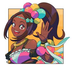 Rule 34 | + +, 1girl, anjohink, bare shoulders, border, bracelet, brown hair, commentary, dark-skinned female, dark skin, english commentary, fire emblem, fire emblem engage, high ponytail, highres, jewelry, looking at viewer, nintendo, open mouth, pearl bracelet, pearl hair ornament, sidelocks, solo, teeth, timerra (fire emblem), upper body, upper teeth only, very dark skin, waving, white border