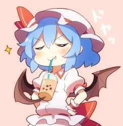 Rule 34 | 1girl, 60mai, bat wings, blue hair, blush, bubble tea, bubble tea challenge, cheating (competitive), chibi, closed eyes, commentary, cup, doyagao, dress, drinking straw, fang, fang out, hair between eyes, hands on own hips, hat, hat ribbon, meme, mob cap, pink background, puffy short sleeves, puffy sleeves, red ribbon, remilia scarlet, ribbon, short hair, short sleeves, sidelocks, simple background, smile, smug, solo, sparkle, touhou, translated, upper body, v-shaped eyebrows, white dress, white hat, wings, wrist cuffs, you&#039;re doing it wrong