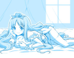 Rule 34 | 10s, 1girl, blue theme, blush, choker, cure marine, from side, gloves, hand on own cheek, hand on own face, heartcatch precure!, kazuma muramasa, kurumi erika, light smile, long hair, lying, magical girl, monochrome, on stomach, pillow, pouch, precure, smile, solo, thighhighs, thighs, very long hair, wrist flower