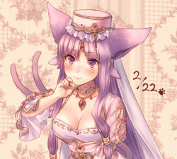 Rule 34 | 1girl, animal ears, breasts, cat ears, cleavage, espeon, hat, jewelry, long hair, looking at viewer, moe (hamhamham), necklace, personification, pokemon, purple eyes, purple hair, solo, tail