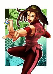 Rule 34 | 1boy, 1girl, brown hair, ermes costello, gloria costello, dreadlocks, jojo no kimyou na bouken, looking at viewer, nail polish, outline, pppuni, red nails, solo, sticker, tagme, white outline, yellow eyes