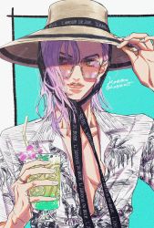 Rule 34 | 1boy, clothes writing, collared shirt, cup, drink, drinking straw, earrings, flower, food, fruit, green eyes, hagiko15, hair pulled back, hand on headwear, hand up, hat, hat ribbon, hawaiian shirt, highres, holding, holding cup, holding drink, jewelry, jojo no kimyou na bouken, lemon, lemon slice, long hair, looking to the side, male focus, melone, multiple rings, nail polish, parted bangs, parted lips, partially unbuttoned, print ribbon, purple hair, ribbon, ring, shirt, signature, smile, sun hat, sunglasses, v-shaped eyebrows, vento aureo