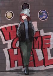 Rule 34 | 1girl, alternate costume, beanie, blush, boots, brick wall, brown eyes, brown hair, casual, contemporary, crossed legs, earth (planet), english text, graffiti, grin, hands in pockets, hat, hecatia lapislazuli, ichiba youichi, jacket, long hair, looking to the side, open clothes, open jacket, planet, ribbed sweater, sketch, smile, solo, sweater, touhou, turtleneck, turtleneck sweater