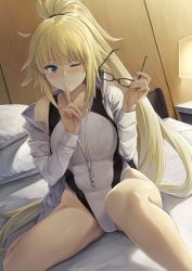 Rule 34 | 1girl, akita hika, backlighting, bad id, bad twitter id, bed, bedroom, black-framed eyewear, blonde hair, blue eyes, competition swimsuit, dutch angle, unworn eyewear, fate/grand order, fate (series), highleg, highleg swimsuit, highres, holding, holding removed eyewear, index finger raised, indoors, jacket, jeanne d&#039;arc (fate), jeanne d&#039;arc (ruler) (fate), jeanne d&#039;arc (swimsuit archer) (fate), jeanne d&#039;arc (swimsuit archer) (second ascension) (fate), lamp, long hair, looking at viewer, one-piece swimsuit, pillow, ponytail, sitting, smile, solo, spread legs, swimsuit, very long hair, whistle, whistle around neck, white jacket, white one-piece swimsuit