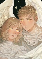 1boy 1girl alt_text angel_wings black_background blonde_hair brother_and_sister colored_eyelashes dungeon_meshi falin_touden falin_touden_(chimera) fangs feathered_wings feathers glowing glowing_eyes grey_shirt highres laios_touden laios_touden_(chimera) looking_at_viewer monster_boy monster_girl parted_lips sasakura34 shirt short_hair siblings side-by-side simple_background slit_pupils teeth undercut upper_body upper_teeth_only white_feathers white_wings wings yellow_eyes