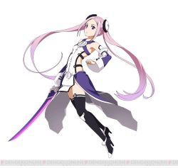 Rule 34 | 10s, 1girl, black thighhighs, breasts, character request, detached sleeves, full body, hair ornament, holding, holding sword, holding weapon, long hair, pink hair, purple eyes, simple background, small breasts, solo, sword, sword art online, sword art online: code register, thighhighs, twintails, very long hair, watermark, weapon, white background, xam