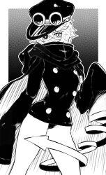 absurdres bandaged_arm bandages bottomless buttons cape goggles greyscale gunko hat heterochromia highres long_sleeves mask monochrome mouth_mask one_piece oversized_clothes panties short_hair shoutaro_saito underwear unraveling