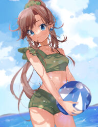 Rule 34 | 1girl, ball, beachball, blue eyes, blurry, blush, breasts, brown hair, closed mouth, cloud, collarbone, commentary request, creatures (company), day, earrings, eyelashes, game freak, green (pokemon), green ribbon, green shirt, green shorts, hair ribbon, holding, holding ball, jewelry, long hair, looking at viewer, marutoko45, medium breasts, nintendo, outdoors, pokemon, pokemon adventures, ribbon, shirt, shorts, sky, sleeveless, sleeveless shirt, smile, solo, sparkle, standing