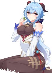 Rule 34 | 1girl, ahoge, bare shoulders, bell, black pantyhose, blue hair, blush, bodystocking, breasts, closed mouth, commentary, cowbell, detached sleeves, flower knot, fragir, ganyu (genshin impact), genshin impact, gold trim, highres, horns, leotard, long hair, looking at viewer, low ponytail, medium breasts, neck bell, pantyhose, purple eyes, simple background, sitting, skin tight, smile, solo, wariza, white background, white sleeves