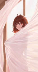 Rule 34 | 1girl, :d, absurdres, ahoge, backlighting, bad id, bad pixiv id, bburi, brown hair, commentary request, curtain grab, curtains, day, from side, hair between eyes, highres, indoors, looking at viewer, looking to the side, nude, open mouth, original, parted lips, red eyes, see-through silhouette, short hair, smile, solo, sunlight, window