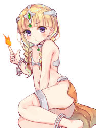 Rule 34 | 1girl, ass, bangle, bare arms, bare shoulders, barefoot, blonde hair, blunt bangs, blush, bracelet, braid, commentary request, cosplay, dragon quest, dragon quest iv, dragon quest xi, feet out of frame, fingernails, fire, hand up, headpiece, index finger raised, jewelry, long hair, looking at viewer, low twintails, manya (cosplay), manya (dq4), navel, omase (mnnk umai), parted lips, purple eyes, simple background, solo, twin braids, twintails, veronica (dq11), white background
