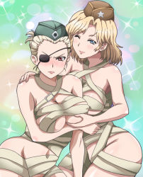 Rule 34 | 2girls, banboro (technobot), blonde hair, blue eyes, blush, grabbing another&#039;s breast, breasts, cleavage, eyepatch, fg42 (upotte!!), garrison cap, grabbing, hat, large breasts, multiple girls, navel, one eye closed, red eyes, short hair, smile, thompson (upotte!!), upotte!!