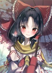 Rule 34 | 1girl, absurdres, ascot, black hair, blush, bow, closed mouth, commentary request, detached sleeves, floral print, frilled bow, frilled hair tubes, frills, hair bow, hair tubes, hakurei reimu, highres, holding, holding umbrella, jigsaw paru, light smile, looking at viewer, medium hair, mittens, oil-paper umbrella, print umbrella, red bow, red eyes, red mittens, ribbon-trimmed sleeves, ribbon trim, scarf, solo, touhou, umbrella, winter, yellow ascot, yellow scarf