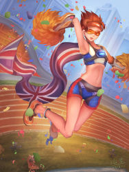 Rule 34 | 1girl, alternate costume, armpits, bad perspective, breasts, brown eyes, brown hair, building, cape, cheering, cheerleader, chest harness, collarbone, confetti, crop top, ear piercing, flag, full body, goggles, grass, harness, headband, highres, jumping, looking at viewer, nail polish, navel, olympics, one eye closed, open mouth, outdoors, overwatch, overwatch 1, piercing, pom pom (cheerleading), shoe loss, shoes, short hair, shorts, single shoe, sleeveless, small breasts, smile, solo, spiked hair, sprinkler, sprinter tracer, tracer (overwatch), track and field, union jack, yan guang aoxiang