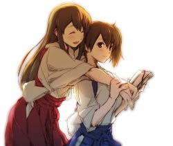 Rule 34 | 10s, 2girls, akagi (kancolle), blush, brown eyes, brown hair, commentary request, closed eyes, hug, hug from behind, japanese clothes, kaga (kancolle), kantai collection, multiple girls, open mouth, side ponytail, smile, tsuta no ha, yuri