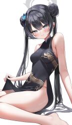 Rule 34 | 1girl, absurdres, bare arms, bare legs, bare shoulders, barefoot, black hair, blue archive, blush, breasts, butterfly hair ornament, china dress, chinese clothes, closed mouth, covered navel, double bun, dragon print, dress, grey eyes, hair bun, hair ornament, halo, highres, kisaki (blue archive), long hair, looking at viewer, medium breasts, no panties, pelvic curtain, sidelocks, simple background, sitting, sleeveless, sleeveless dress, solo, sweat, thighs, twintails, very long hair, wariza, white background, yuje kr
