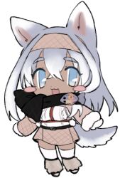 Rule 34 | 1girl, :3, animal ears, belt, black scarf, blue eyes, blush stickers, borrowed character, brown leg warmers, brown skirt, chest harness, chibi, dark-skinned female, dark skin, dog ears, dog girl, dog tail, full body, fur-trimmed sleeves, fur trim, grey hair, hair between eyes, hairband, hands up, harness, lapithai, leg warmers, long hair, long sleeves, looking at viewer, lowres, no pupils, open mouth, original, pom pom (clothes), scarf, shrug (clothing), simple background, skirt, solo, standing, sweater, tail, thighhighs, transparent background, white hair, white sweater, white thighhighs