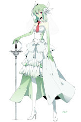 Rule 34 | 1girl, bad id, bad nicoseiga id, bare shoulders, boots, creatures (company), dress, flower, full body, game freak, gardevoir, gen 3 pokemon, green hair, hair flower, hair ornament, high heels, highres, looking at viewer, merlusa, necktie, nintendo, personification, planted, pokemon, red eyes, shoes, short hair, simple background, skirt, smile, solo, standing, sword, thigh boots, thighhighs, weapon, white background