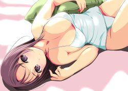 Rule 34 | 1girl, breasts, brown eyes, brown hair, camisole, cowboy shot, downblouse, female focus, large breasts, lying, matsunaga kouyou, no pants, on back, original, panties, pillow, solo, underwear, underwear only