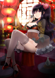 Rule 34 | 1girl, alcohol, amo (rnrkrn), black hair, breasts, candle, chinese clothes, choko (cup), cleavage, cup, flower, hair flower, hair ornament, highres, lantern, long hair, medium breasts, original, ponytail, red eyes, round window, sake, sitting, solo, thighhighs, tokkuri, window