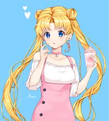 Rule 34 | 1girl, amick (americanomix), artist request, bad id, bad pixiv id, bishoujo senshi sailor moon, blonde hair, blue background, blue eyes, blush, choker, collarbone, cup, disposable cup, double bun, drinking straw, earrings, frilled shirt, frills, hair bun, hands up, heart, holding, holding cup, jewelry, long hair, looking at viewer, parted bangs, parted lips, pink choker, shirt, short sleeves, sidelocks, smoothie, solo, tsukino usagi, twintails, upper body, very long hair, white shirt