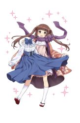 Rule 34 | 1girl, blouse, blunt bangs, brown eyes, brown hair, floral print, full body, highres, holding, holding clothes, kisaragi (princess principal), long hair, looking at viewer, official art, princess principal, princess principal game of mission, purple scarf, sandals, scarf, shirt, socks, solo, sparkle, standing, transparent background, twintails, white shirt, white socks, wide sleeves