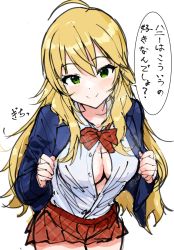 Rule 34 | 1girl, ahoge, blazer, blonde hair, bow, bowtie, breasts, center opening, cleavage, closed mouth, cowboy shot, green eyes, hair between eyes, highres, hoshii miki, idolmaster, jacket, large breasts, long hair, looking at viewer, miniskirt, open clothes, open shirt, partially unbuttoned, pleated skirt, school uniform, shirt tucked in, sidelocks, simple background, sketch, skirt, smile, solo, speech bubble, translation request, white background, zenoo